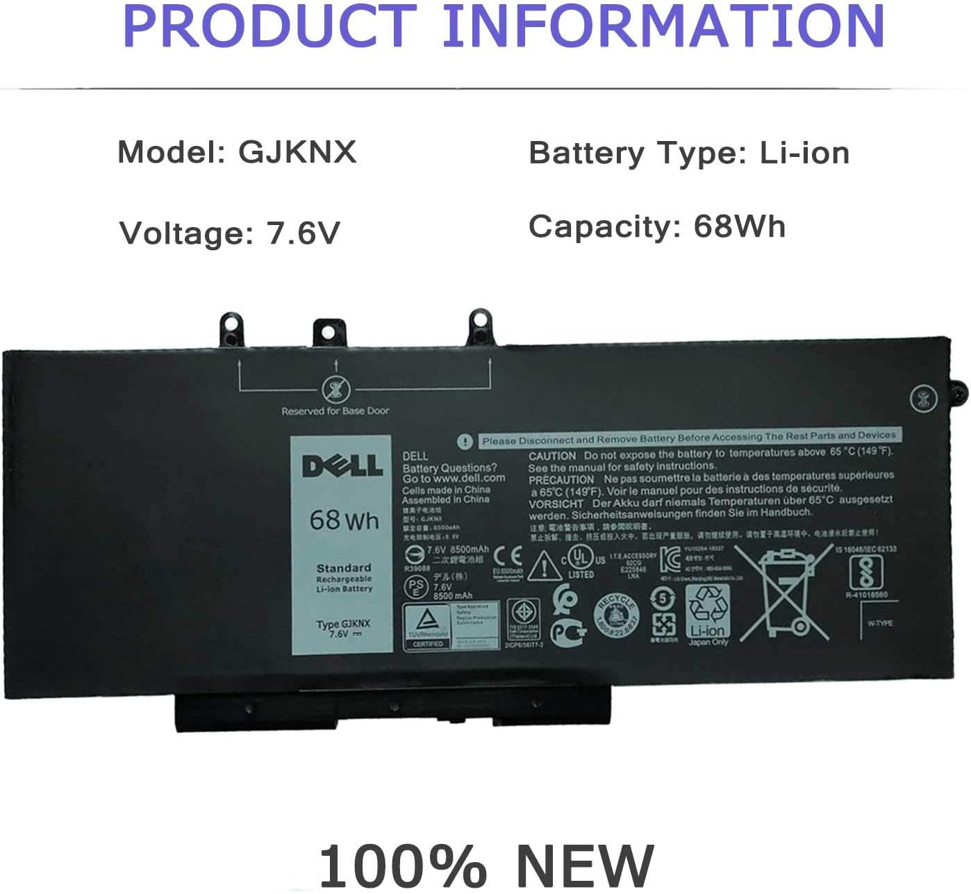 DELL GJKNX Battery for Dell Latitude 5280 5288 5480 5488 5490 5495 5580 5590 5591 E5280 E5288 E5480 E5488 E5580 E5590 E5591 Precision 15 3520 3530 Series GD1JP DY9NT 5YHR4 451-BBZG 7.6V 68Wh 4-Cell