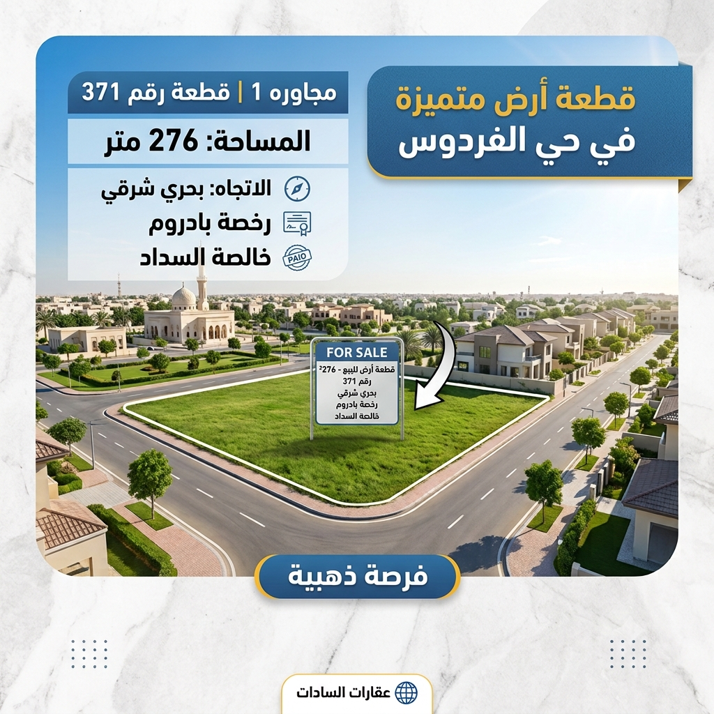 قطعه ارض في حي الفردوس مجاوره 1 قطعه رقم 371 مساحة 276 متر شقق للبيع في مدينة السادات أراضي للبيع في مدينة السادات شقق للإيجار في مدينة عقارات للبيع في مدينة السادات المنوفية